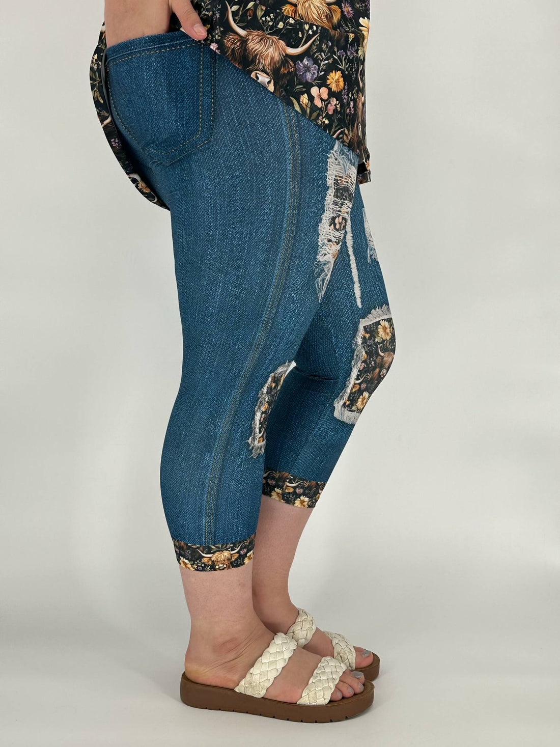 Purple Highland Cow Denim Capri w/ Back Pockets