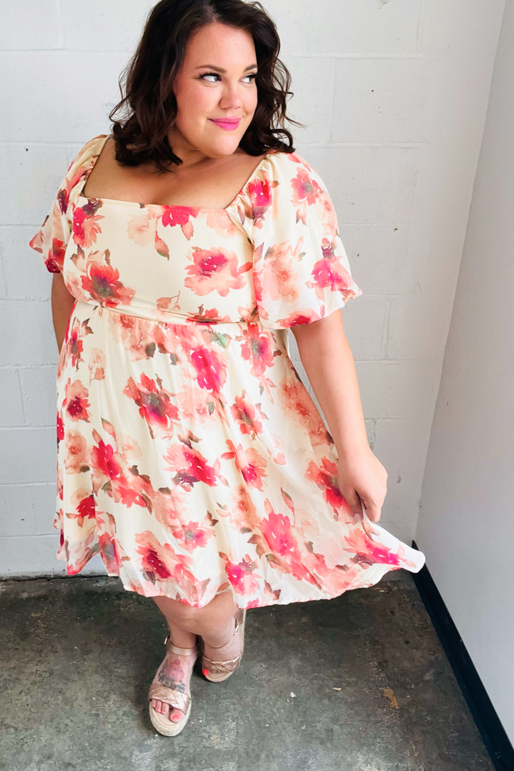 chiffon puff sleeve dress Peach Floral Small flowing skirt Available Sizes matching_dress Women's Sleeveless Round Neck Sizes:22