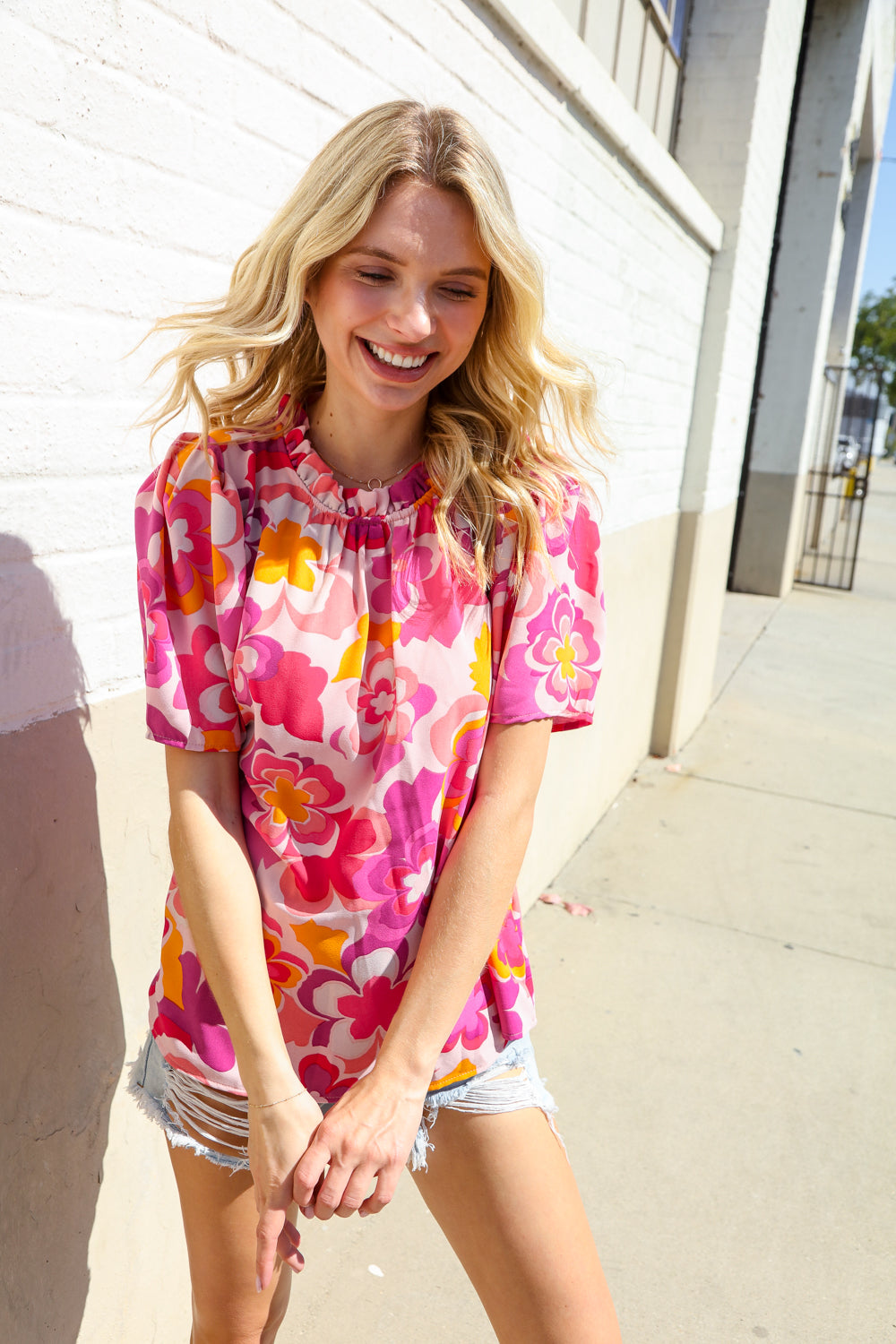 Perfectly You Fuchsia Big Floral Frill Neck Back Button Blouse