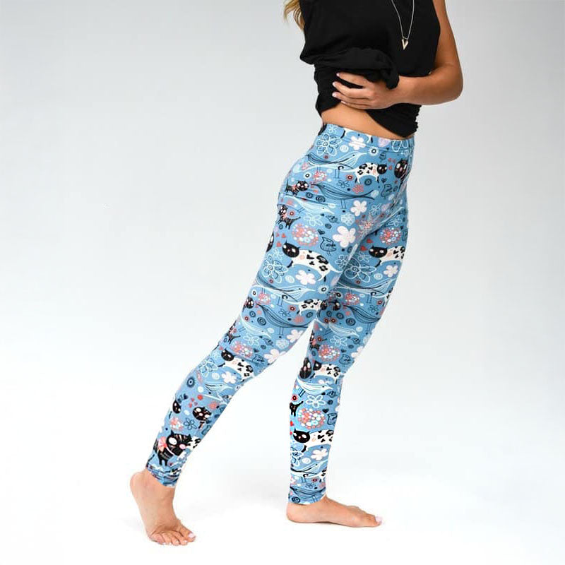 Parisian Blue Kitty Cat Print Soft Leggings