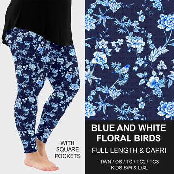B230 - Preorder Blue and White Floral Birds Leggings w/ Pockets (Closes 5/25. ETA: late July)