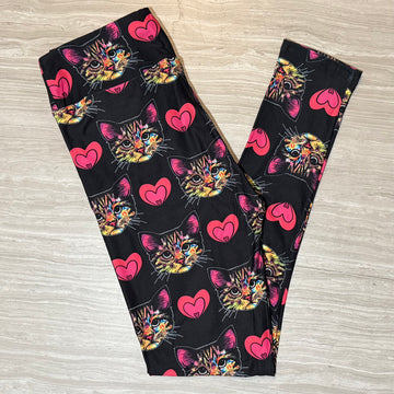 Pink Hearts & Colorful Kitty Cat Print Soft Leggings