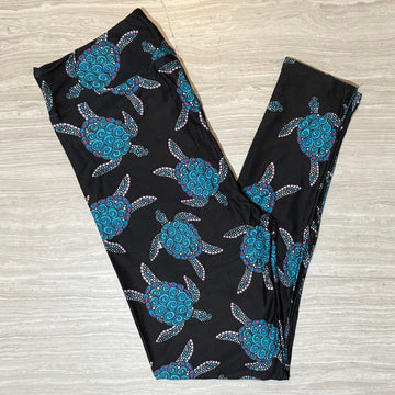 Turquoise Blue Turtle Print Soft Black Leggings
