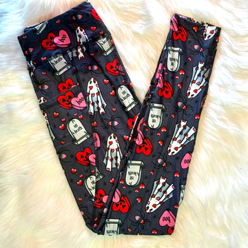 Cute Valentine's Day Ghost Themed Print Leggings w/ Pockets