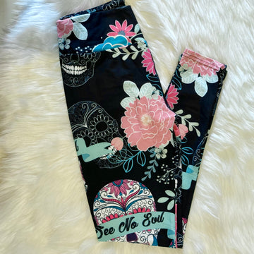 Hear Speak See No Evil Sugar Skull & Flowers Print Soft Leggings