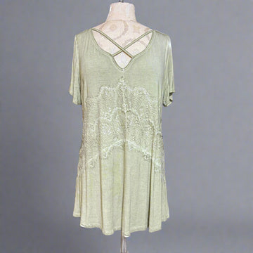 Crisscross Lace Detail Mineral Wash Sage Green Top