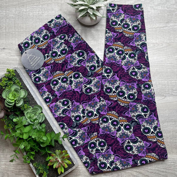 Purple Sugar Skull with Bows Print Soft Leggings