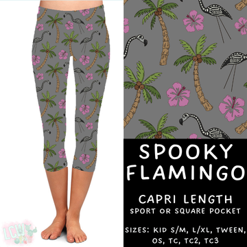 Ready to Ship - Spooky Flamingo Capri Length Leggings - TC2 Square Pocket