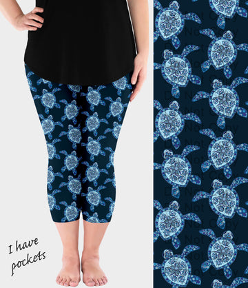 RTS - Blue Pattern Sea Turtle Capri Leggings w/ Pockets