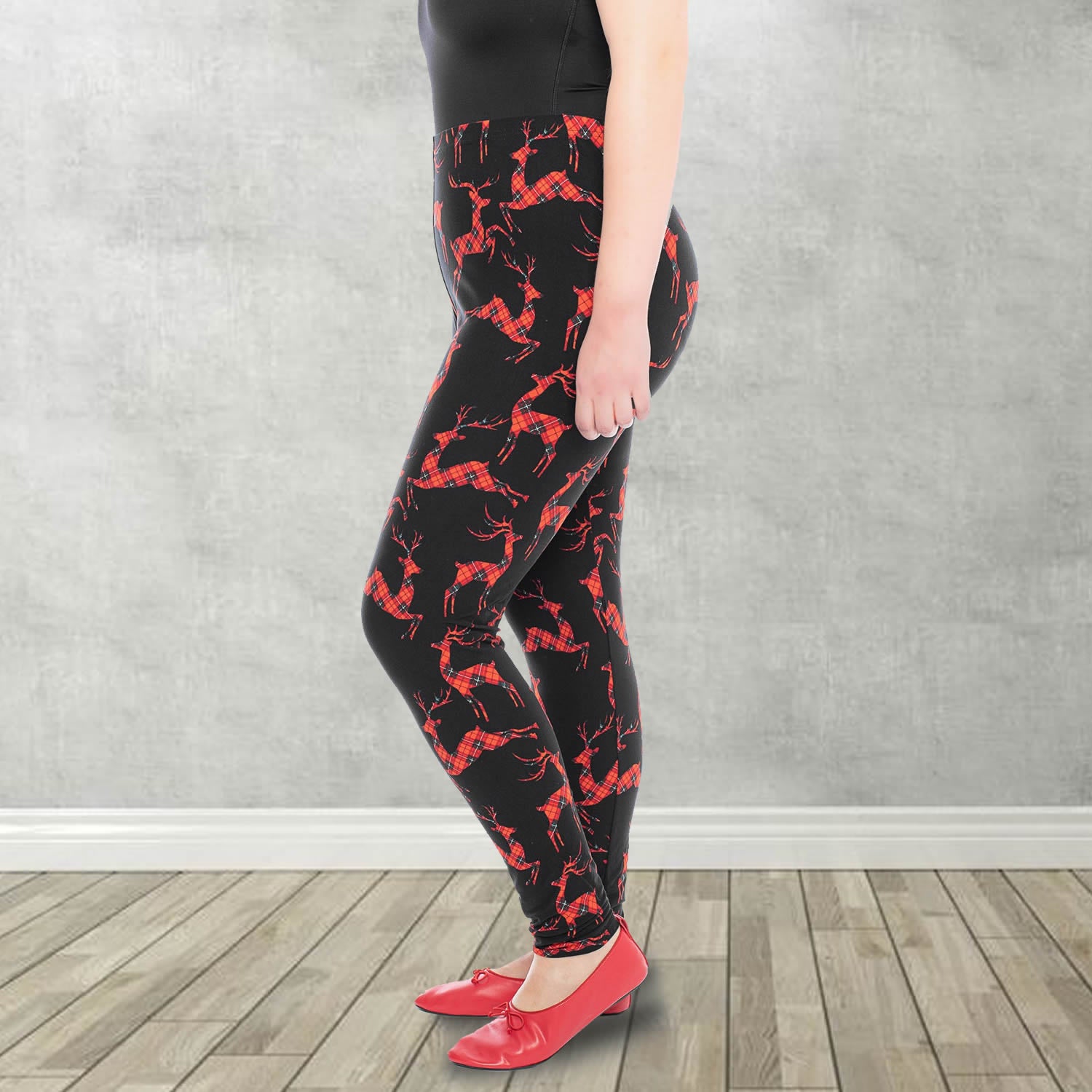 Christmas Red Plaid Deer Print Soft Leggings