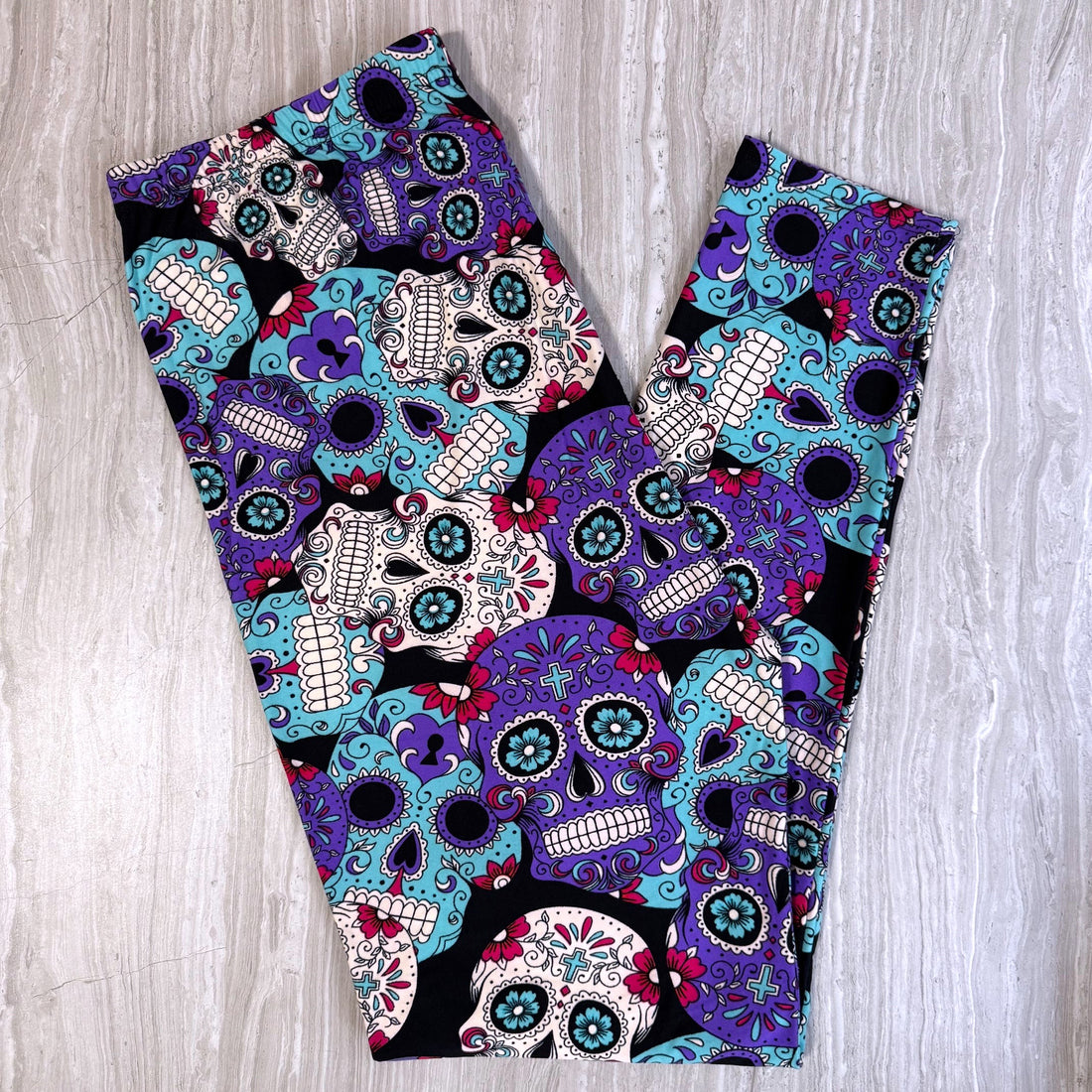 Purple & Teal Sugar Skull Print Soft Leggings