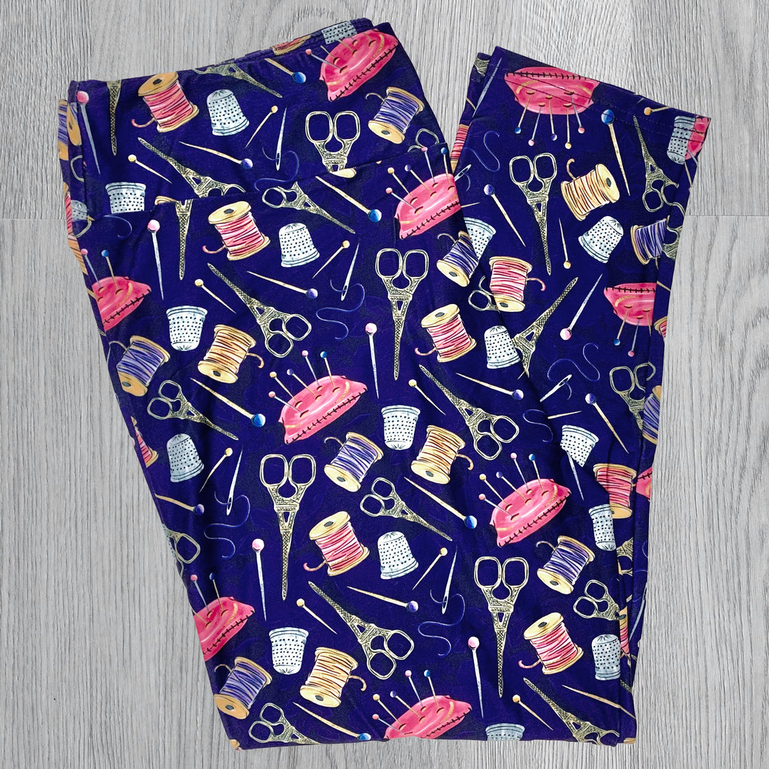 Seamstress Delight Print Purple Capri Leggings - Craft & Sewing Inspired Fashion - Comfortable, Artistic Legwear