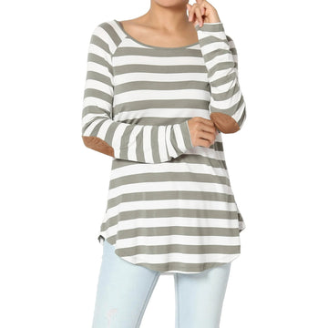 Boat Neck Striped Long Sleeve Elbow Patch Top - Gray