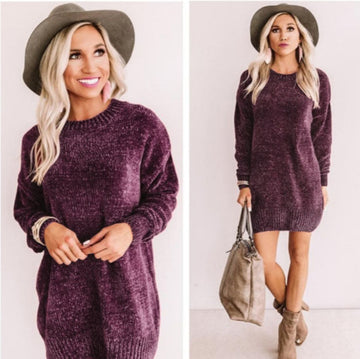 Chenille Pullover Crew Neck Oversized Sweater - Eggplant