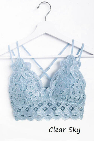 Women's Crochet Sexy Lace Bralette with Removable Pads and Cross Back Adjustable Strap Wirefree