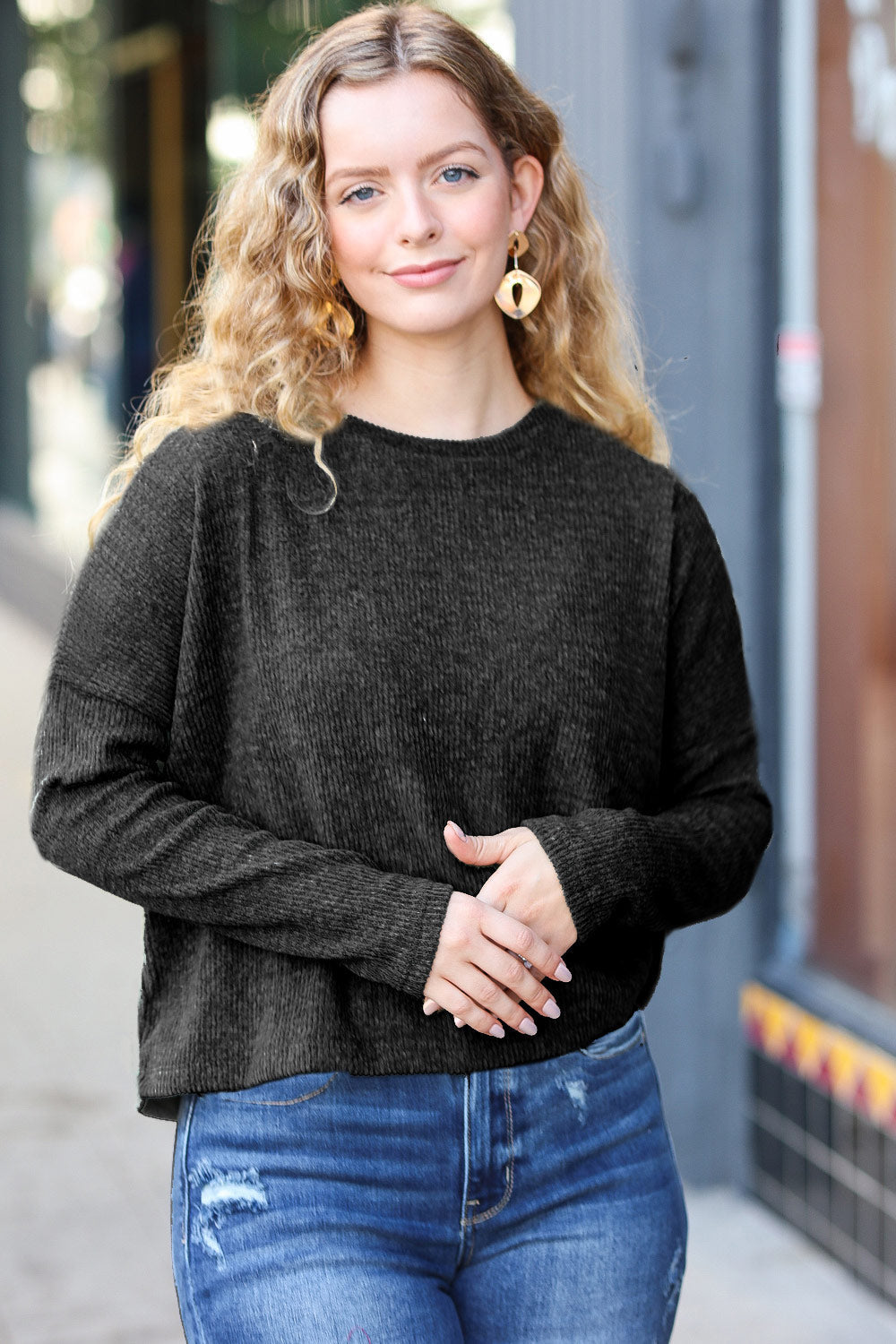 PLUS Stay Awhile Black Ribbed Dolman Cropped Sweater