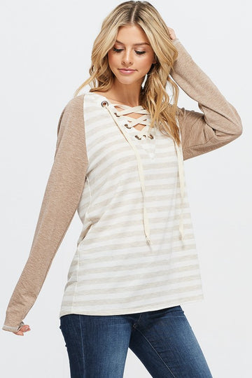 Lace-up Raglan Striped Hoodie