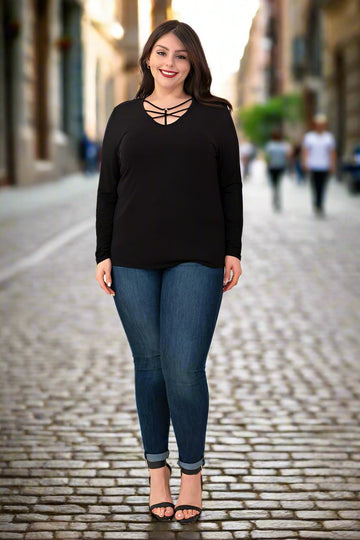 "O" Ring Caged Round Neck Top - Black