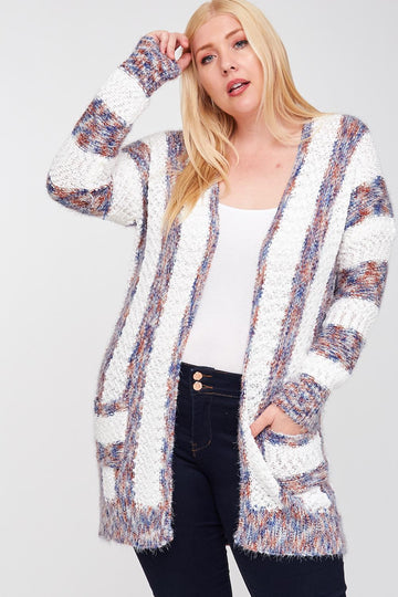 Stripe Cable Knit Pocket Cardigan