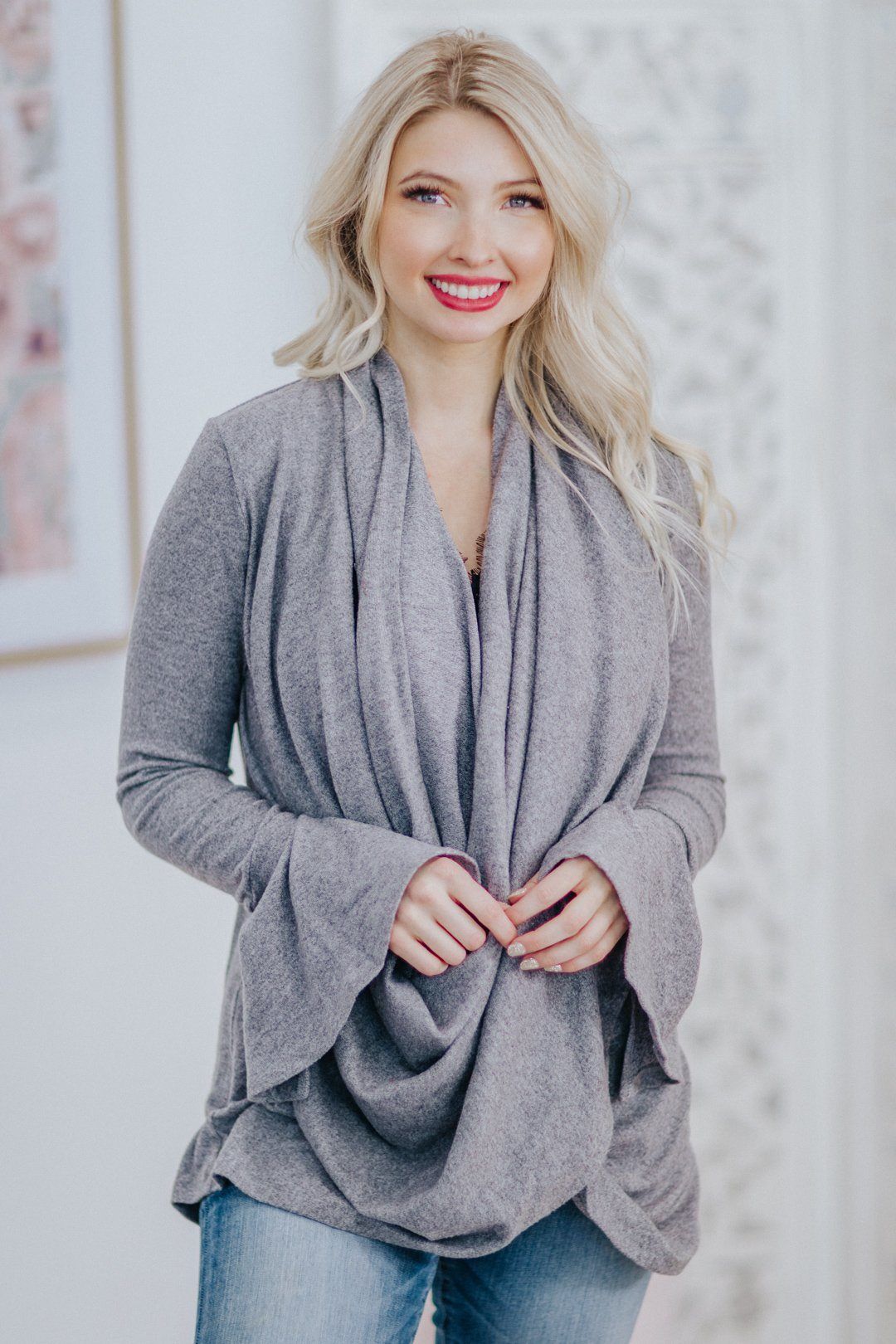Wrap Neck Flare Sleeve Cardigan