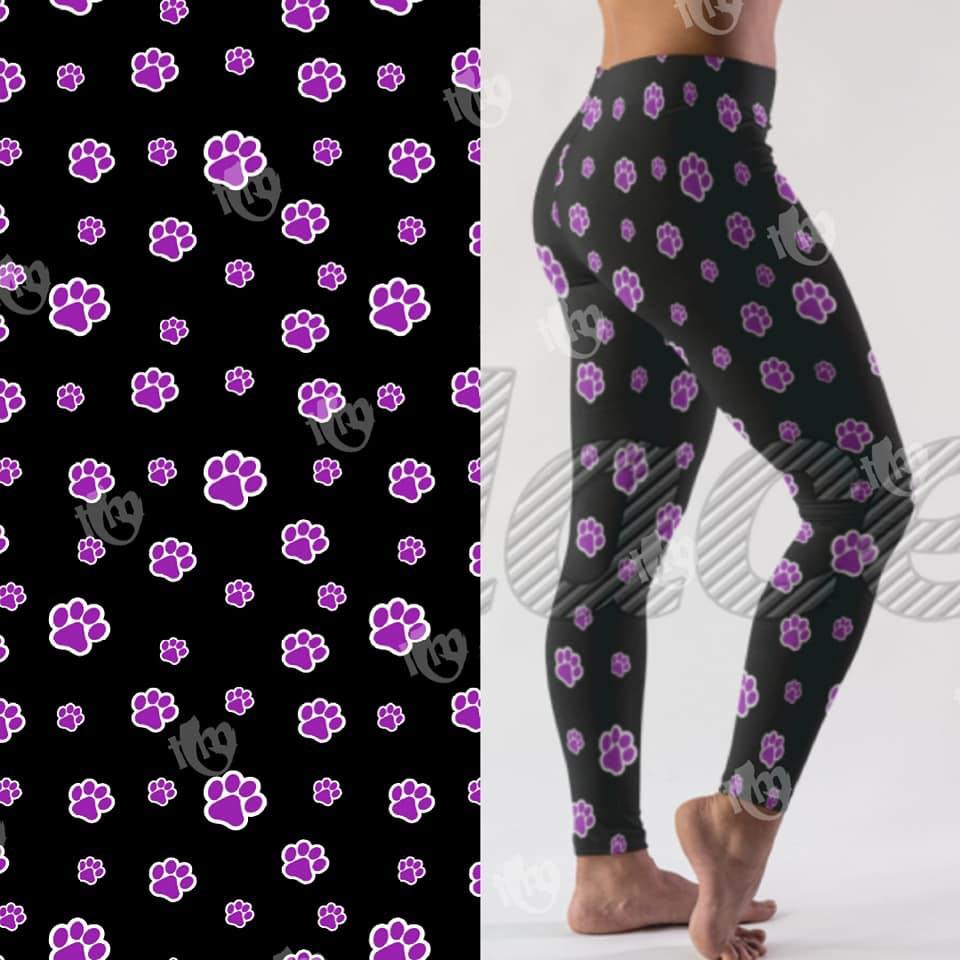 Purple Paw Print Leggings with Pocket in Waist Band - Adult & Kid Sizes