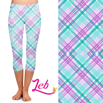 Aqua Pink Plaid Capri Leggings