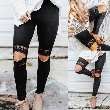 Lace Knee Cutout Leggings - Black
