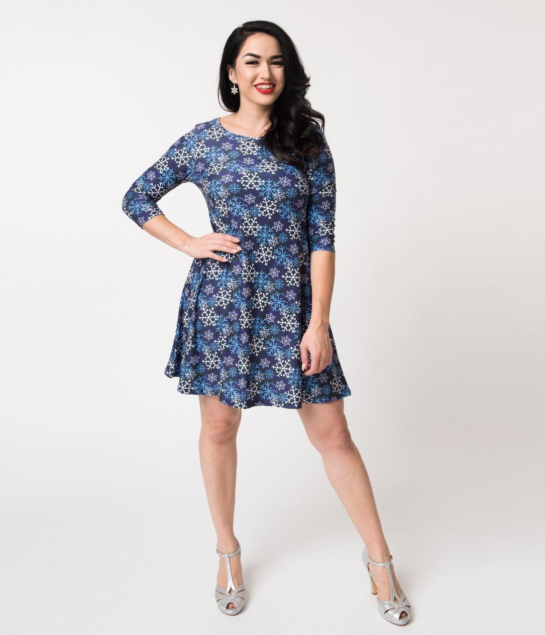 Let It Snow Blue/Purple/White Snowflake Printed Dress With Pockets S Let It Snow Blue/Purple/White Snowflake Printed Dress With Pockets S