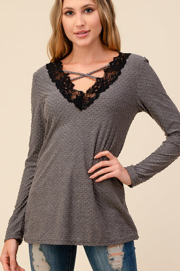 Swiss Dot Lace Criss Cross Long Sleeve Top