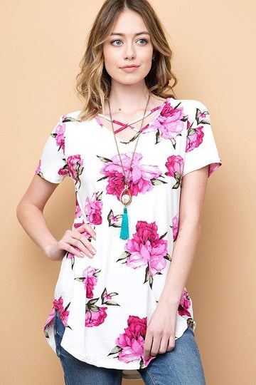 Crisscross Floral Top - White