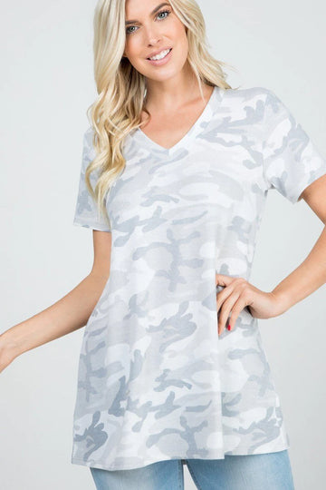 Essential Gray Camo V-Neck Tee - Soft Stretch Terry Comfort