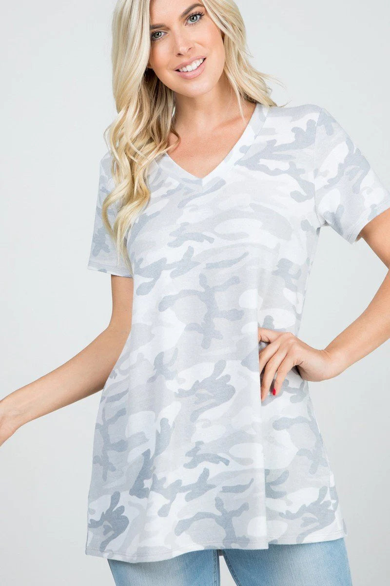 Gray Camo Soft Stretch Terry V-Neck Tee