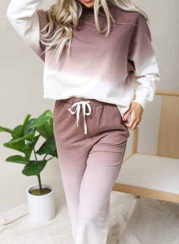 Cotton Ombre Dip Dye French Terry Long Sleeve Top Wide Leg Lounge Pants w/ Pockets Tracksuit SET - Mocha