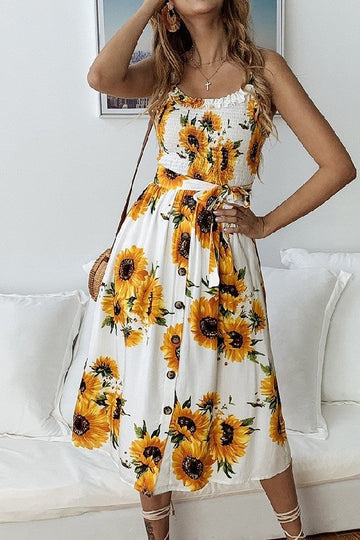 White Smocked Sunflower Dress