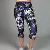 Large Sugar Skull Soft Capri Leggings w/ Pocket In Yoga Band