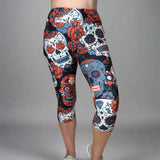 Large Sugar Skull Soft Capri Leggings w/ Pocket In Yoga Band