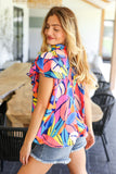 Tropical Vibes Blue & Pink Mock Neck Flutter Sleeve Top