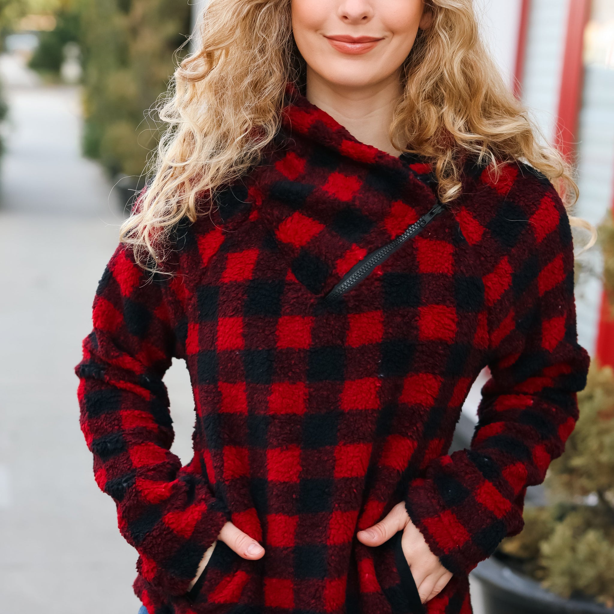 Cozy Red Sherpa Plaid Asymmetrical Zip Sweater Top