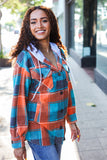 Stand Out Teal & Orange Plaid Fleece Hoodie Shacket