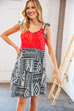 Red/Black Aztec Shoulder Tie Knot Tiered Dress