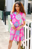 Find Love Hot Pink Abstract Print Frill Notch Neck Dress