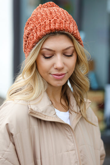 Rust Knit Velvet Chenille Fold Over Beanie