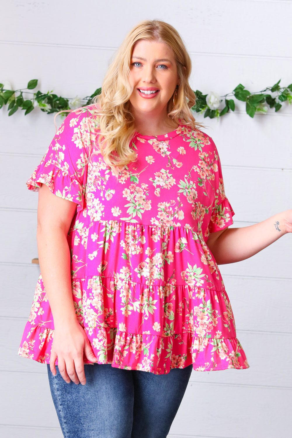 Fuchsia Floral Frill Ruffle Hem Tiered Swing Top