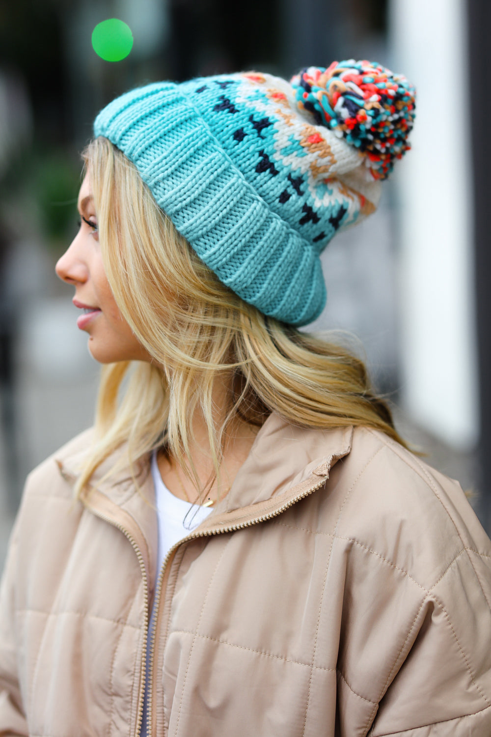 Teal Multicolor Cable Knit Pom-Pom Beanie