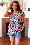 Black & Pink Floral Ruffle Short Sleeve Babydoll Top