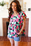 Black & Pink Floral Ruffle Short Sleeve Babydoll Top
