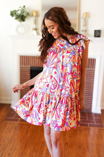 Multicolor Geometric Midi Flutter Sleeve Dress