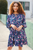 Feeling Joyful Navy Floral Bow Tie Babydoll Long Ruffle Sleeve Dress