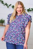 Navy Floral Mock Neck Flutter Sleeve Top