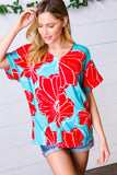 Teal & Cherry Red Floral Print V Neck Top